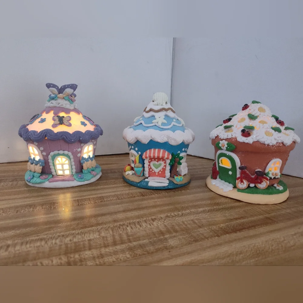 Valerie Parr Hill Set of 3 Easter Spring Pastel Cupcake Cottages - Lights Up!